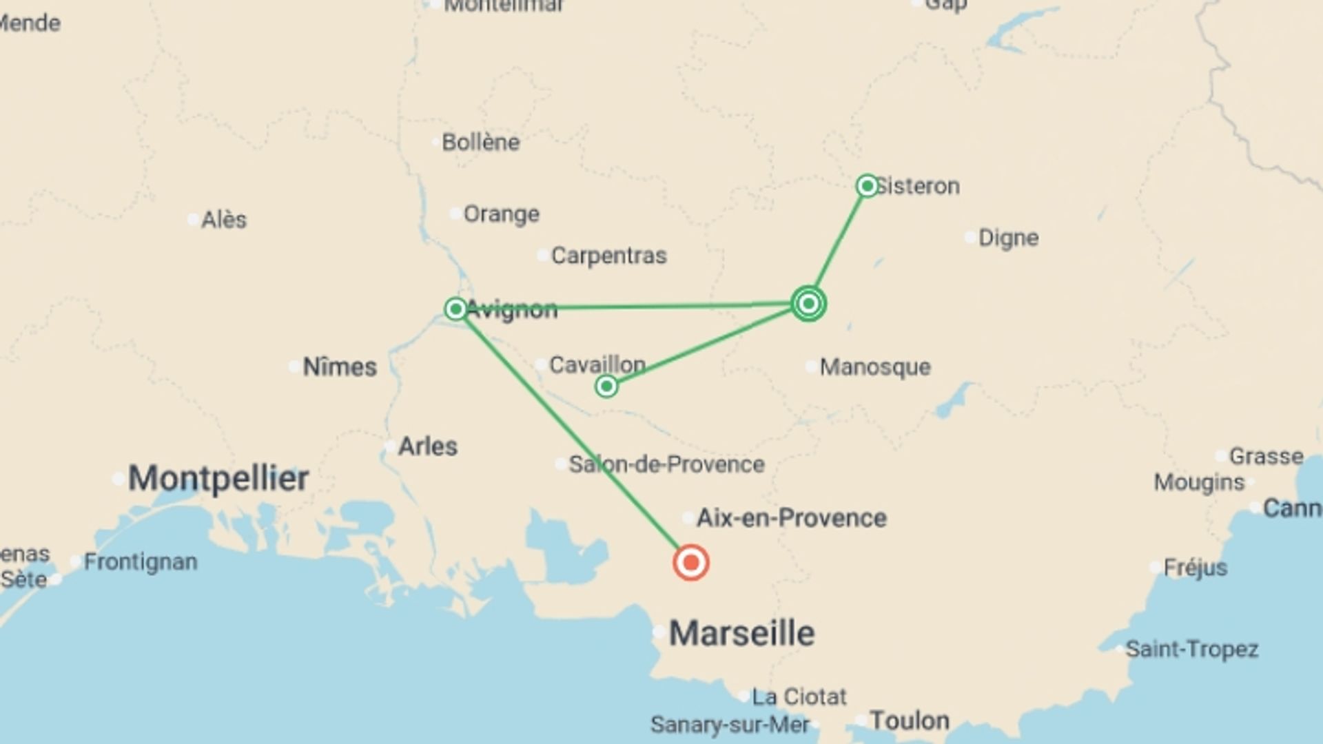 A map showing the tour itinerary for the trip: Discover Provence, starting in Forcalquier, France and ending in Aix En Provence, France going through 2 other destinations.