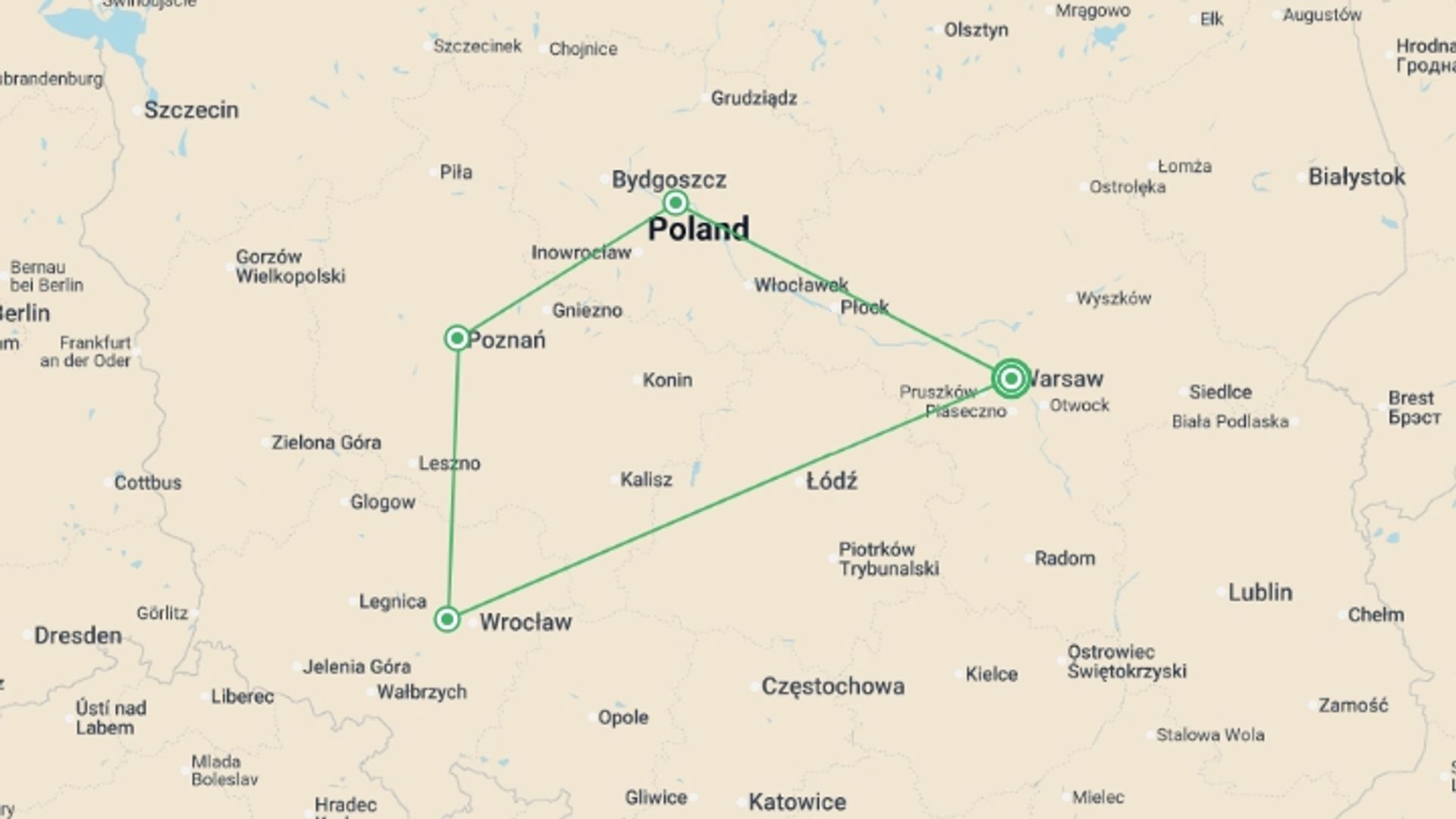 A map showing the tour itinerary for the trip: Essential Poland, starting in Warsaw, Poland and ending in Warsaw, Poland going through 1 other destinations.