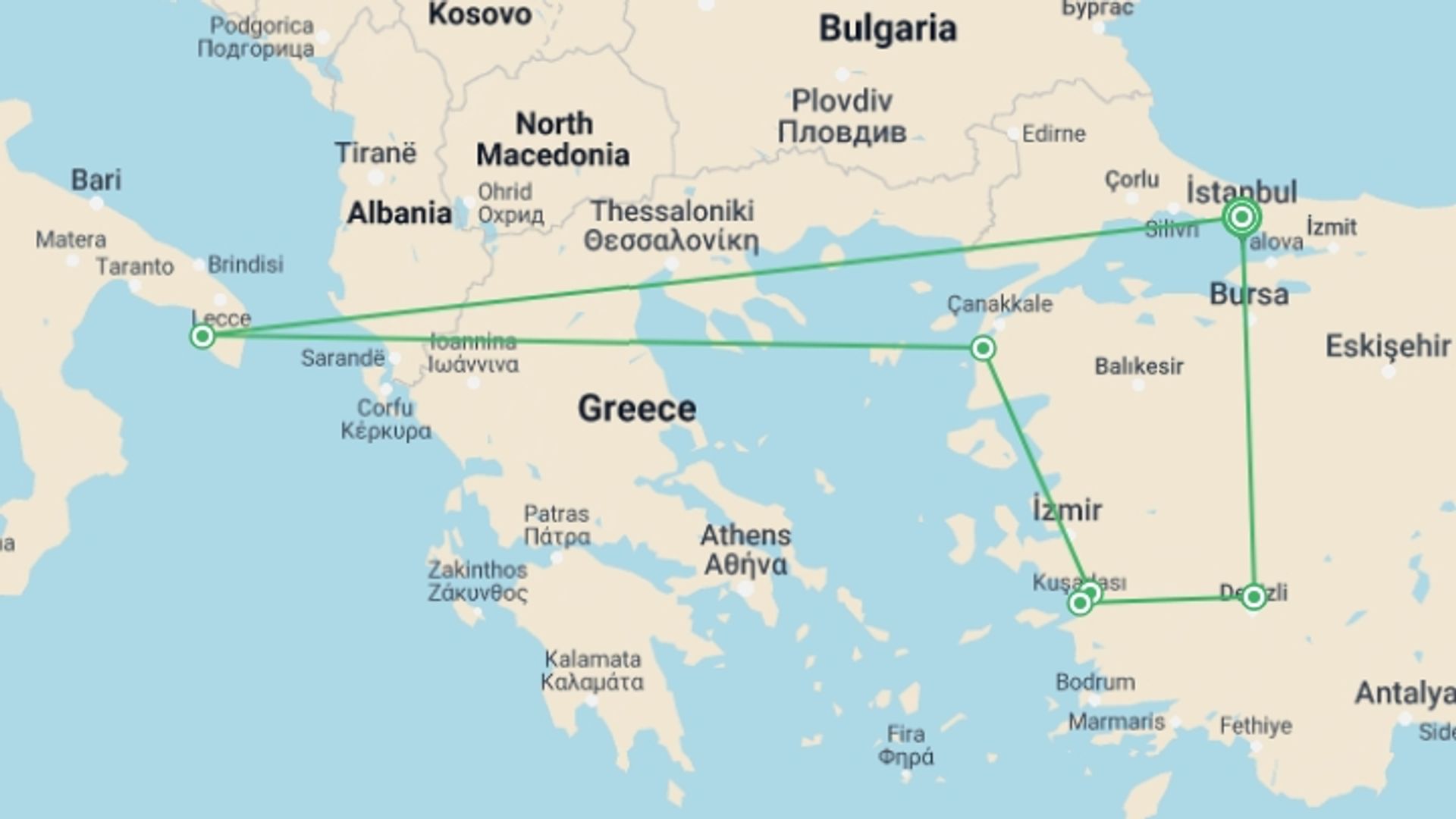 A map showing the tour itinerary for the trip: Private Aegean Delight Tour, starting in Istanbul, Turkey and ending in Istanbul, Turkey going through 4 other destinations.