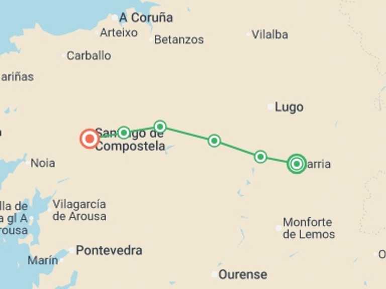 Map itinerary of Spain Tour in October 2027 with 6 destination visits for the trip: Walk the Camino de Santiago