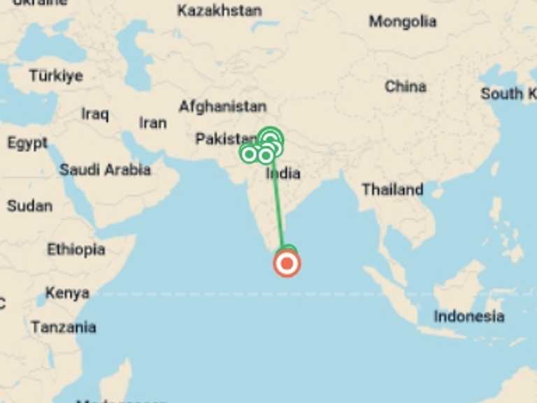 Map itinerary of South Asia Tour in February 2027 with 14 destination visits for the trip: North India & Sri Lanka Adventure  - 24 days