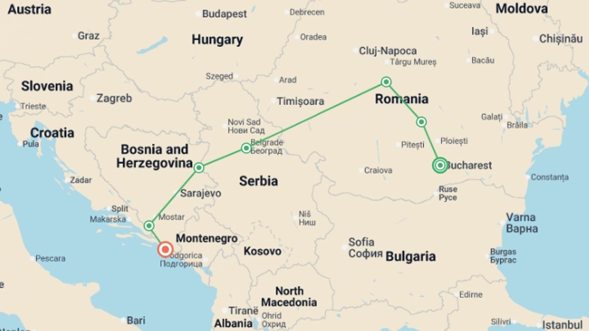 A map showing the tour itinerary for the trip: Balkan Peninsula, starting in Bucharest, Romania and ending in Dubrovnik, Croatia going through 5 other destinations.