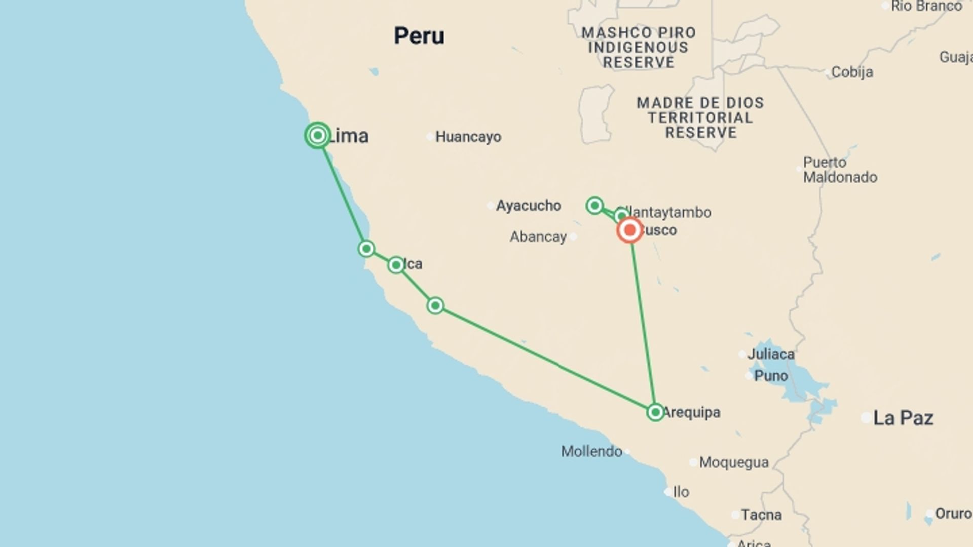 A map showing the tour itinerary for the trip: Lima to Cusco, starting in Lima, Peru and ending in Cusco, Peru going through 4 other destinations.