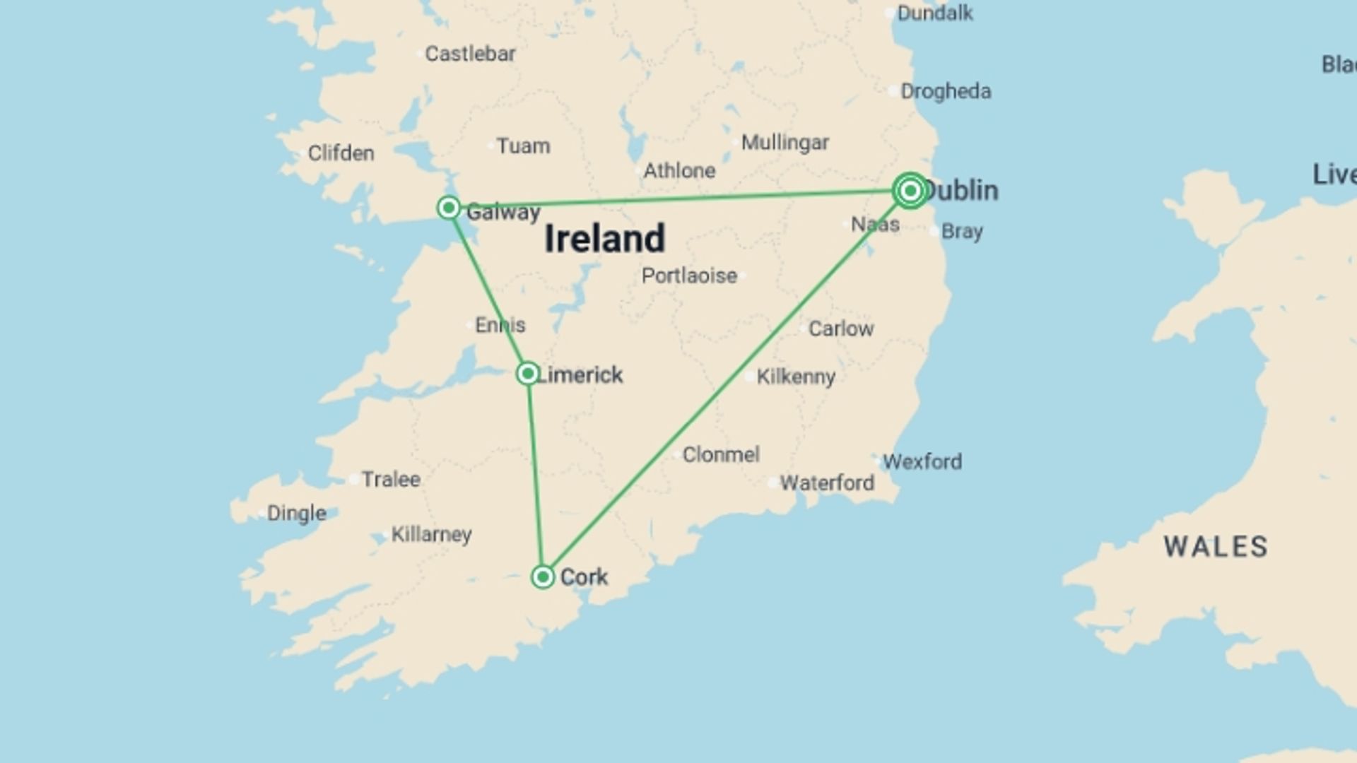 A map showing the tour itinerary for the trip: Great Tour of Ireland, starting in Dublin, Ireland and ending in Dublin, Ireland going through 3 other destinations.