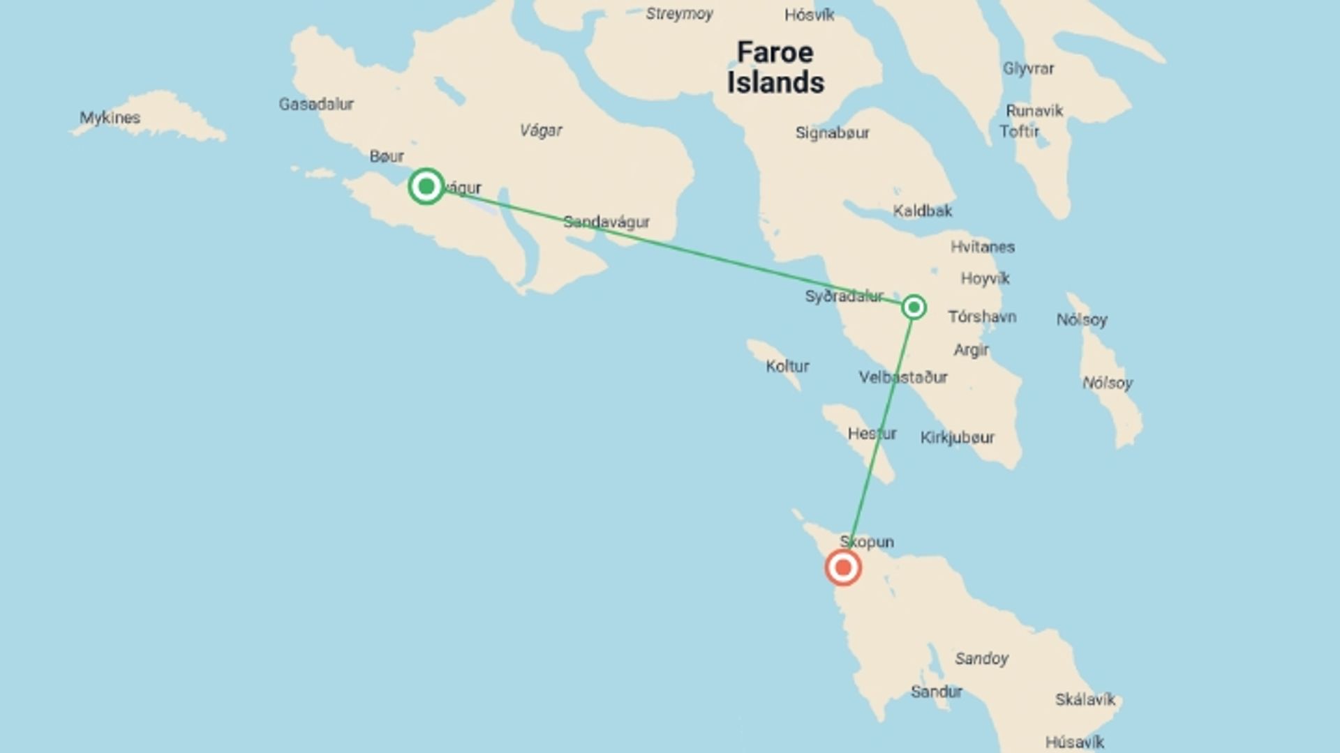 A map showing the tour itinerary for the trip: Faroe Islands Express - 5 days, starting in Sørvágur, Denmark and ending in Faroe Islands, Denmark going through 1 other destinations.