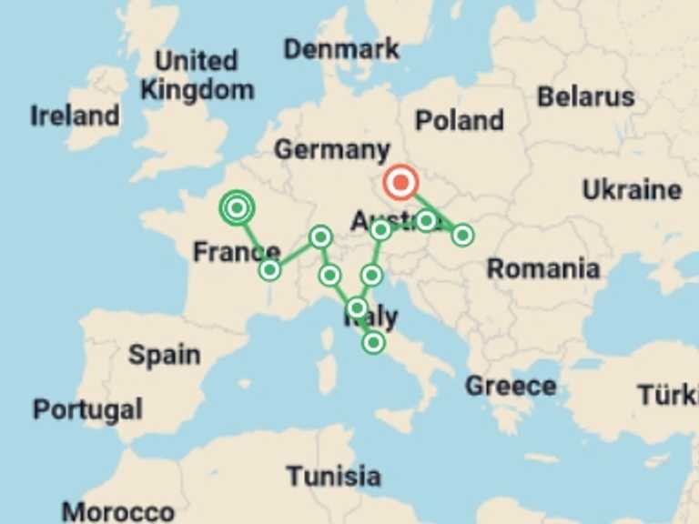 Map itinerary of Mediterranean Tour in May 2026 with 11 destination visits for the trip: Romantic Europe GO