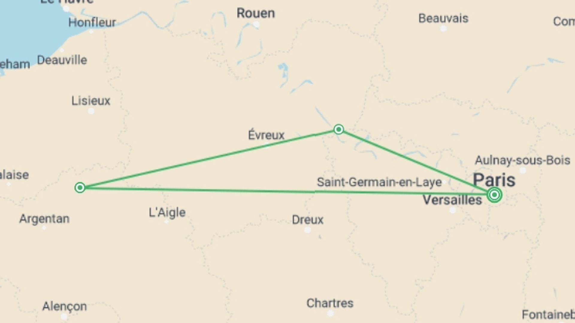 A map showing the tour itinerary for the trip: Journeys: Paris & Normandy Highlights, starting in Paris, France and ending in Paris, France going through 1 other destinations.