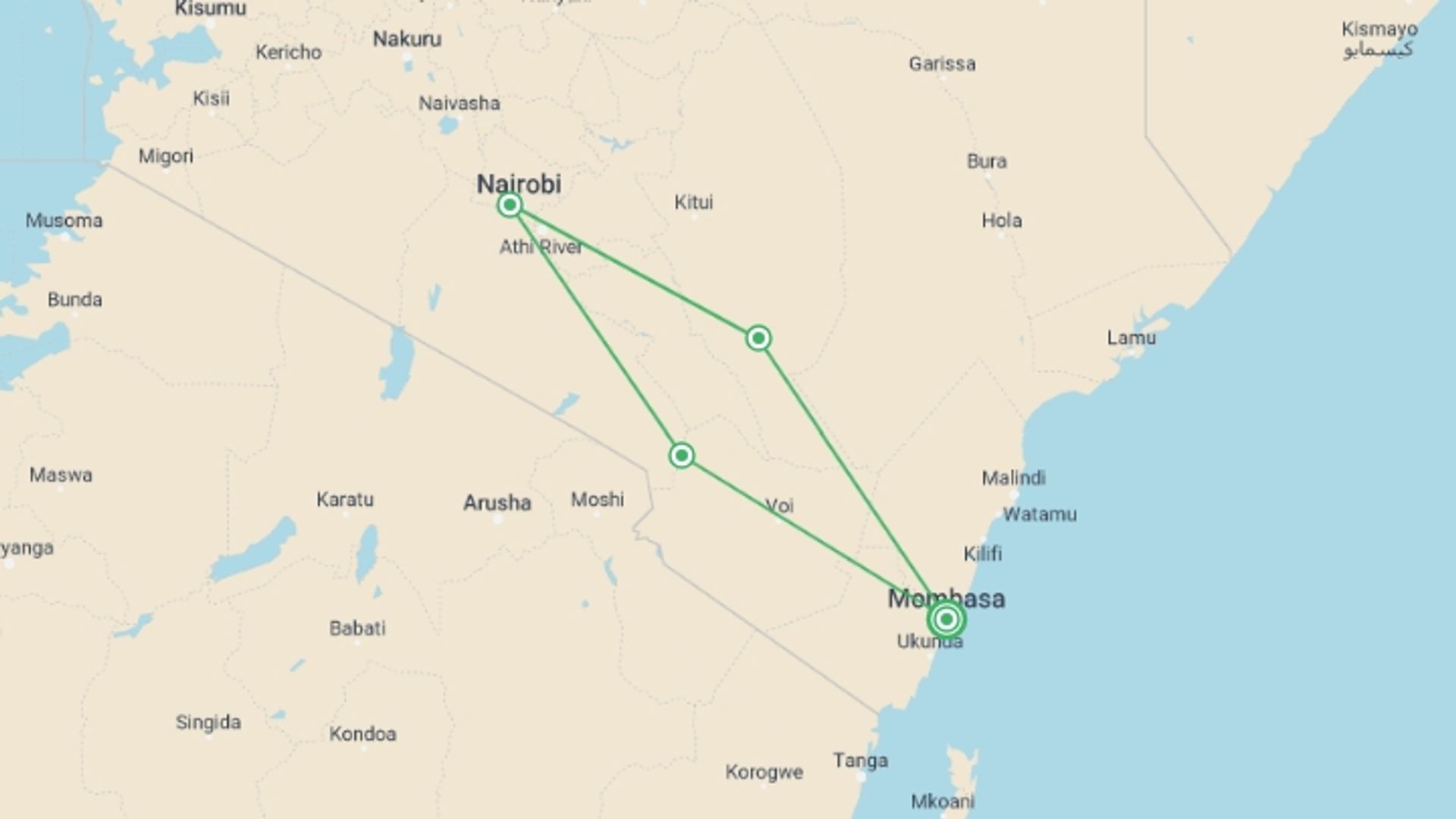 A map showing the tour itinerary for the trip: 4 Days Mombasa, Tsavo, Amboseli Safari, starting in Mombasa, Kenya and ending in Mombasa, Kenya going through 5 other destinations.