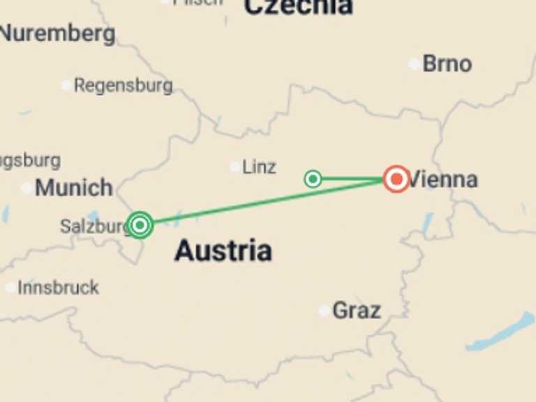 Map itinerary of Vienna Tour in September 2026 with 3 destination visits for the trip: Salzburg, Vienna & Danube Valley - 8 days