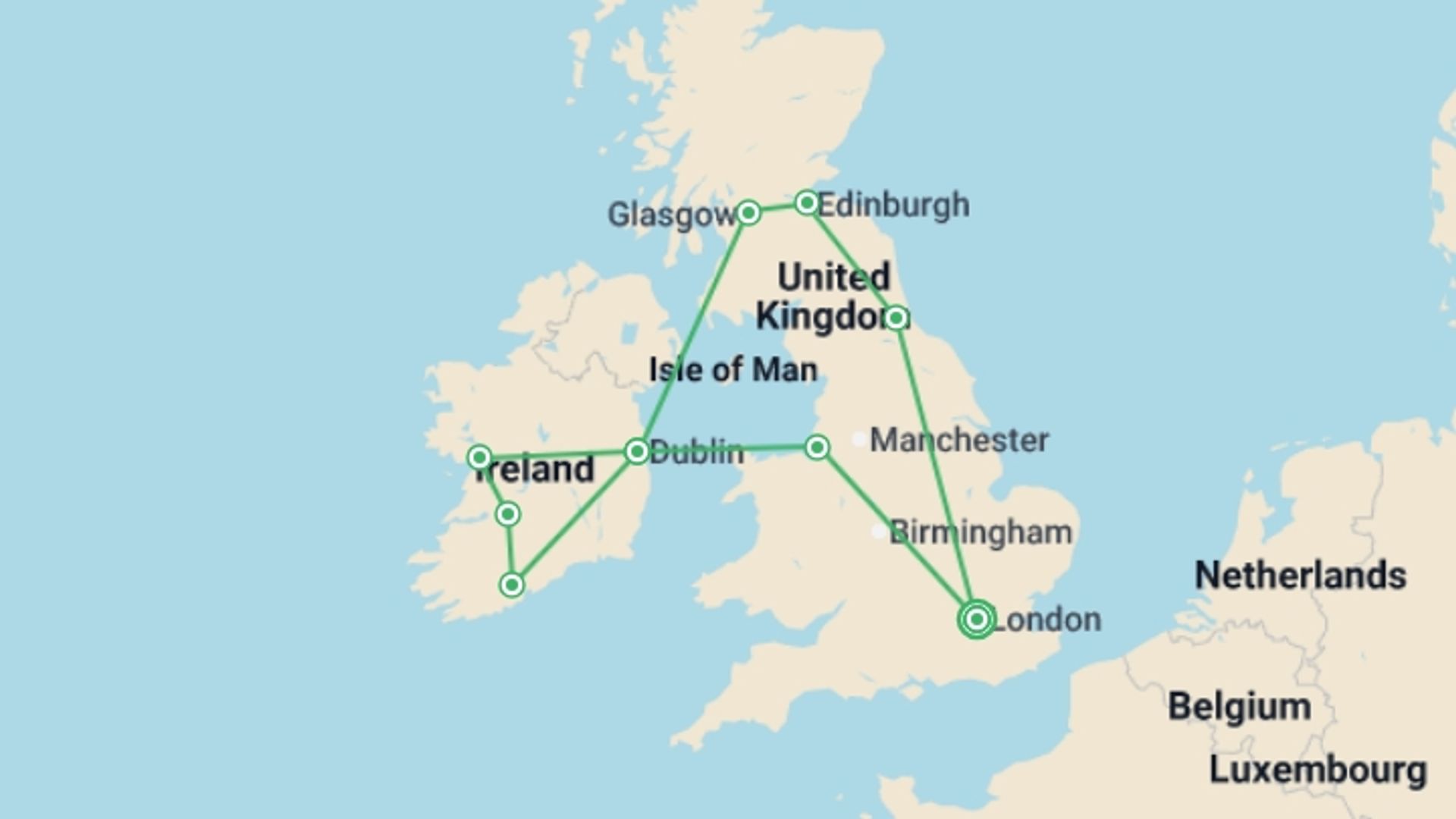 A map showing the tour itinerary for the trip: England, Scotland and Ireland, starting in London, England and ending in London, England going through 8 other destinations.