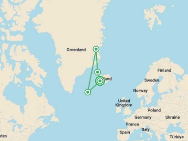 Map of a Boat tours, water sports and marine wildlife Tour with 5 destination visits for the trip: Adventures in Northeast Greenland: Glaciers, Fjords and the Northern Lights