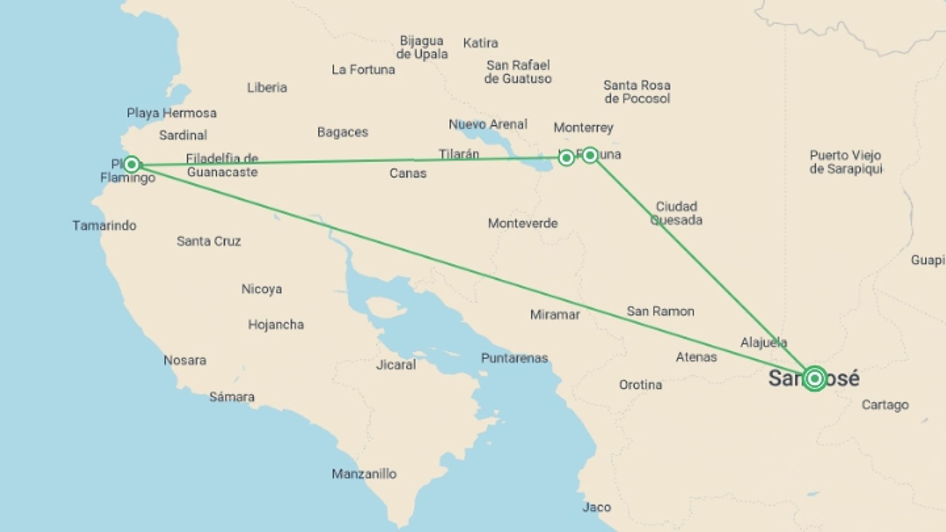 A map showing the tour itinerary for the trip: Costa Rica Experience, starting in San Jose, Costa Rica and ending in San Jose, Costa Rica going through 4 other destinations.