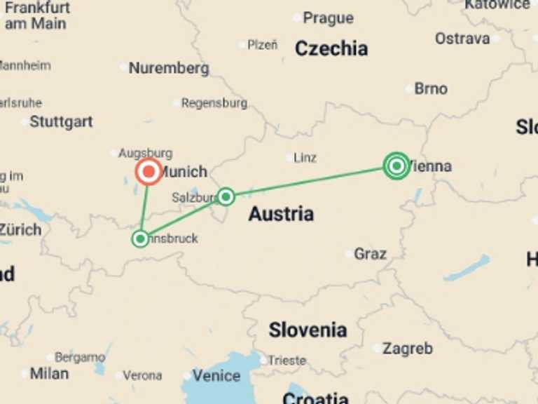 Map of Europe Tour with 4 destination visits for the trip: Christmas Markets of Austria and Bavaria