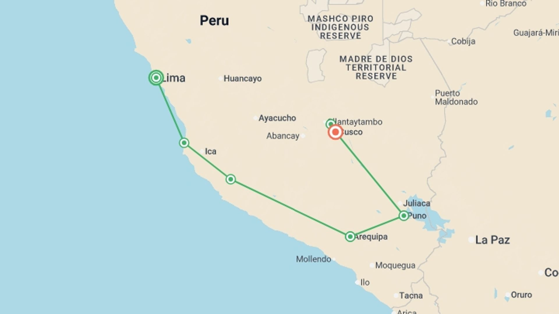 A map showing the tour itinerary for the trip: The Majestic South Of Peru – 15 Days: Lima, Nazca, Arequipa, Colca Valley, Puno, Cusco, Sacred Valley, Machu Picchu, French-speaking Guide, starting in Lima, Peru and ending in Cusco, Peru going through 5 other destinations.