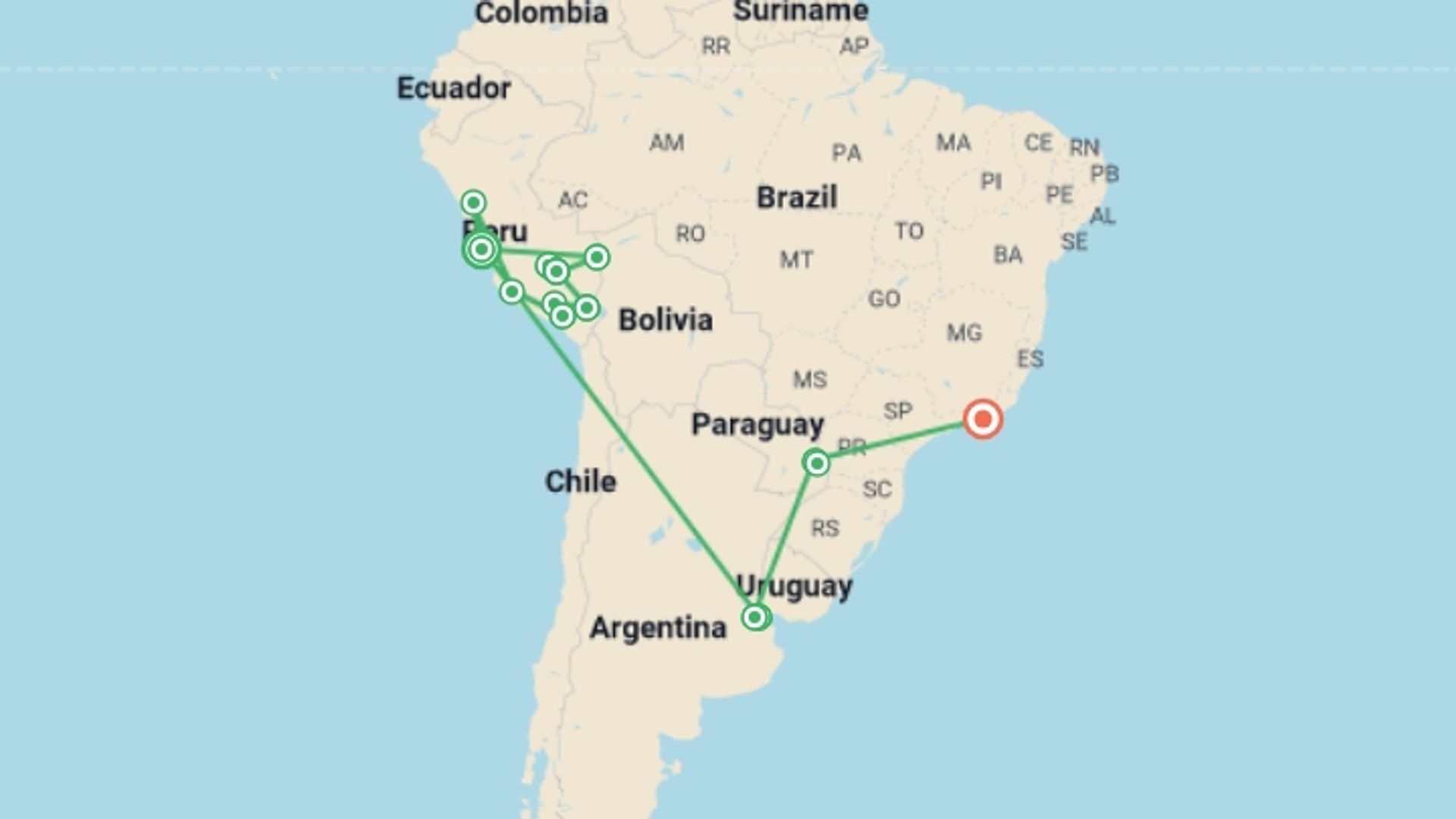 A map showing the tour itinerary for the trip: Ultimate Peru, Argentina & Brazil, starting in Lima, Peru and ending in Rio de Janeiro, Brazil going through 12 other destinations.