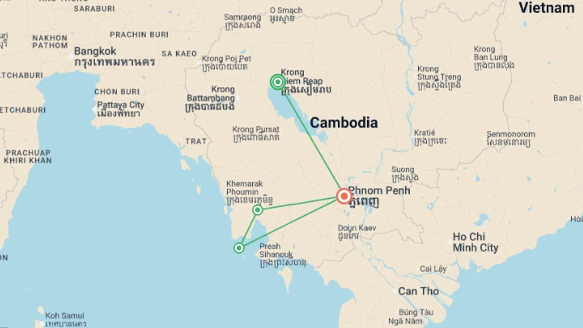 A map showing the tour itinerary for the trip: Solo-ish Cambodia, starting in Siem Reap, Cambodia and ending in Phnom Penh, Cambodia going through 2 other destinations.