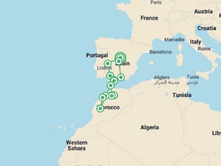 Map itinerary of Morocco Tour in March 2027 with 8 destination visits for the trip: Andalucia to the Atlas Mountains - 12 days