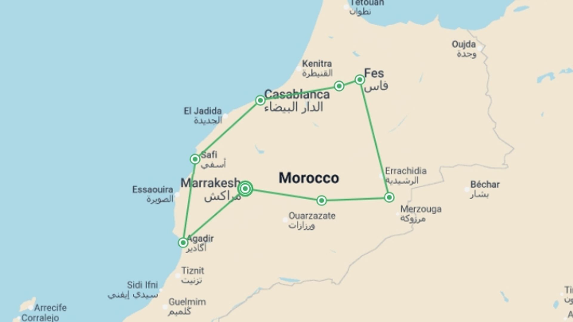 A map showing the tour itinerary for the trip: From the Ocean to Desert, starting in Marrakech, Morocco and ending in Marrakech, Morocco going through 7 other destinations.