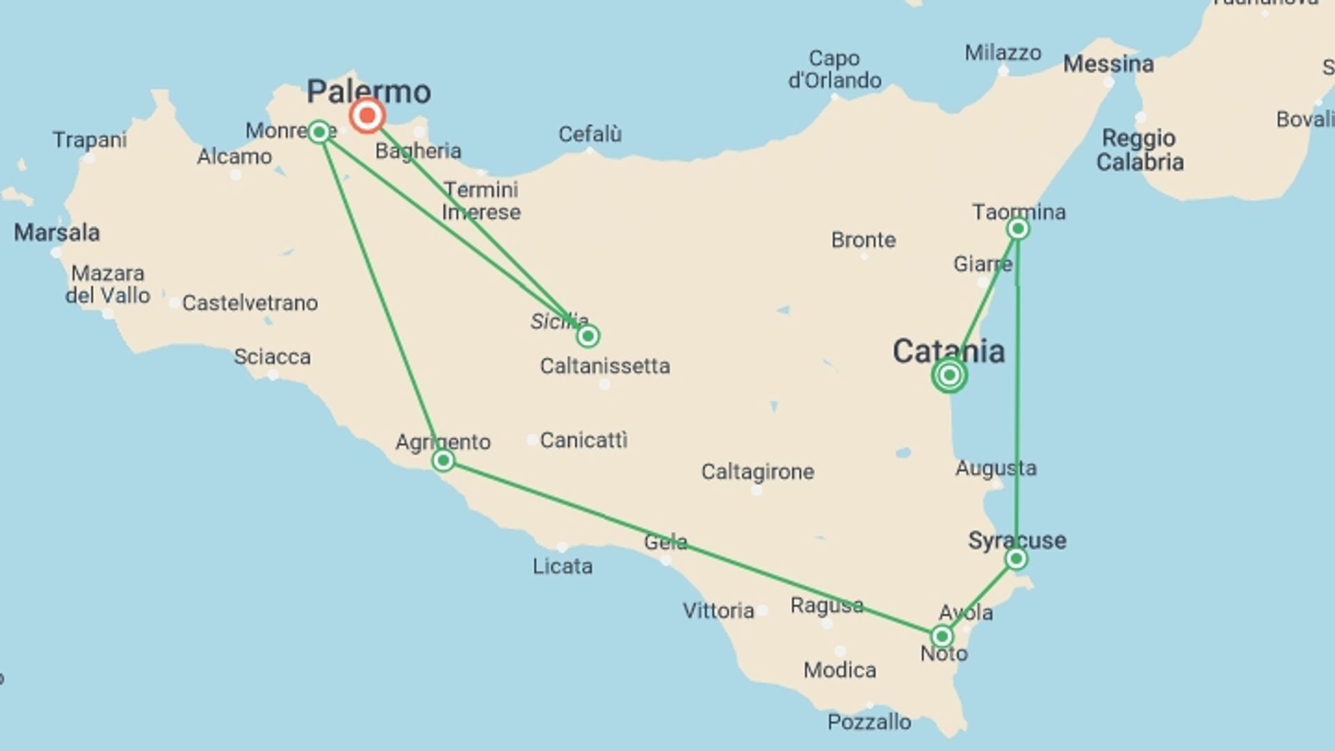 A map showing the tour itinerary for the trip: Scenic Sicily Self Drive, starting in Catania, Italy and ending in Palermo, Italy going through 6 other destinations.
