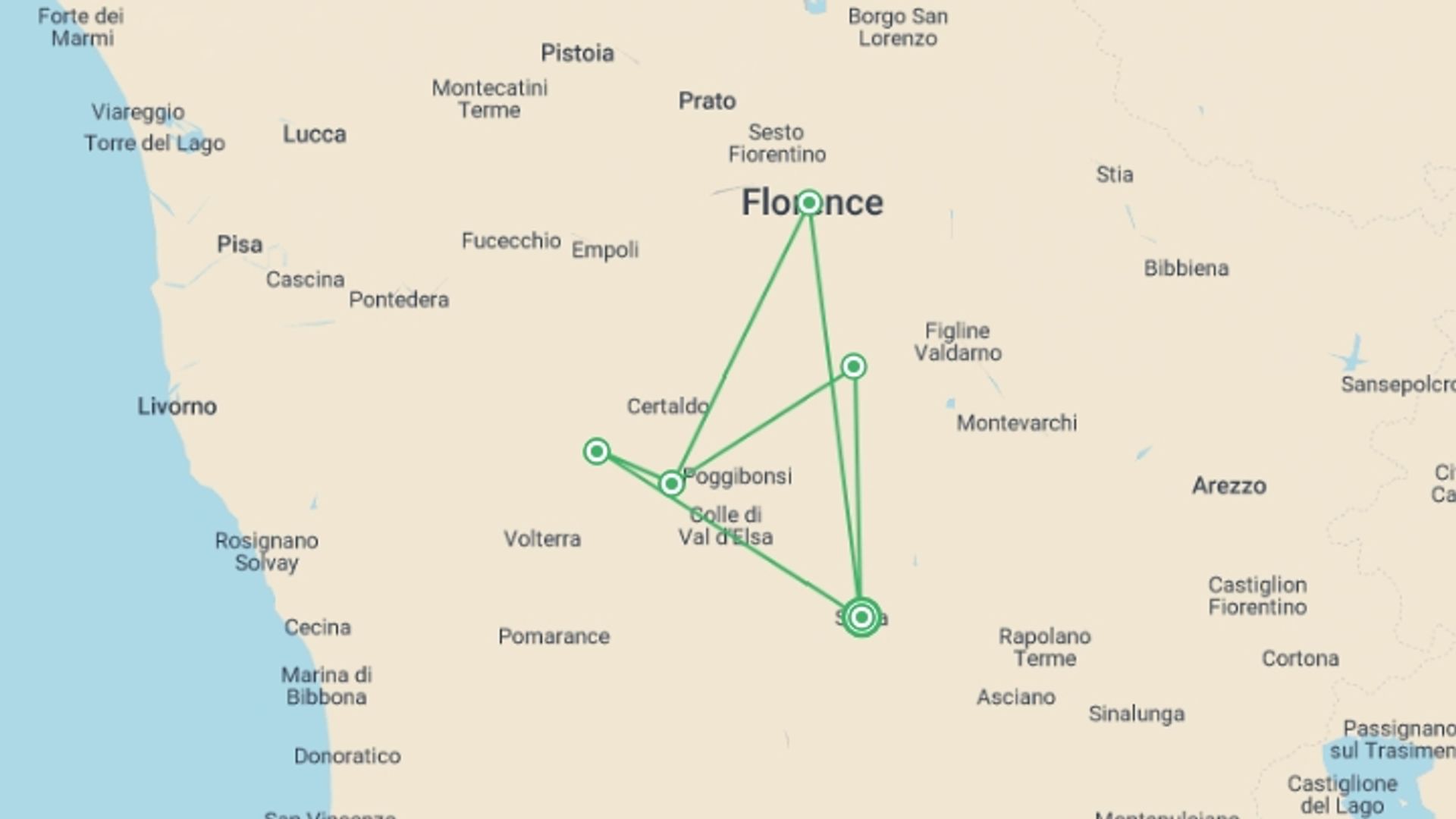 A map showing the tour itinerary for the trip: Tuscany Walks & Chianti Wines, starting in Siena, Italy and ending in Siena, Italy going through 4 other destinations.