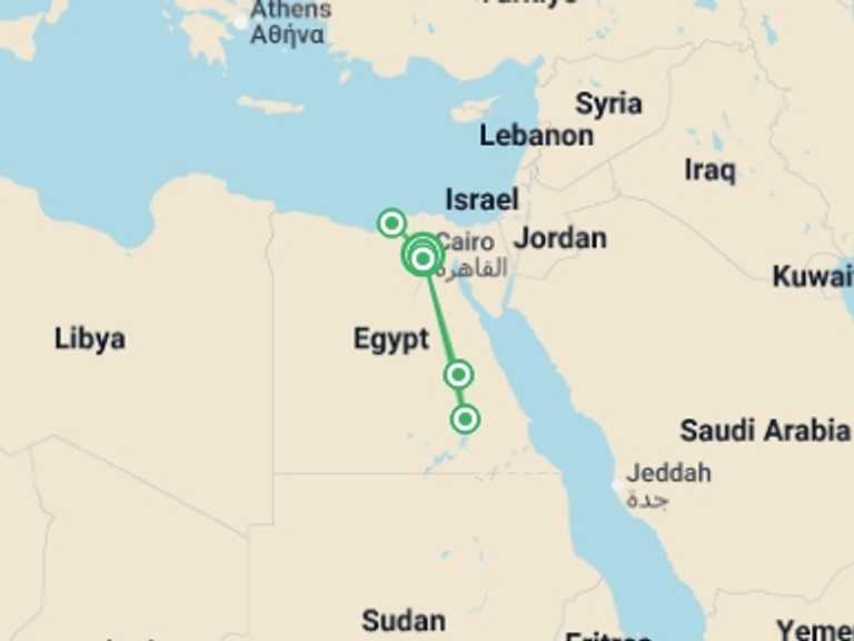 Map itinerary of Mediterranean Tour in April 2026 with 5 destination visits for the trip: Alexandria, Classical Egypt & Nile Cruise - 14 Days