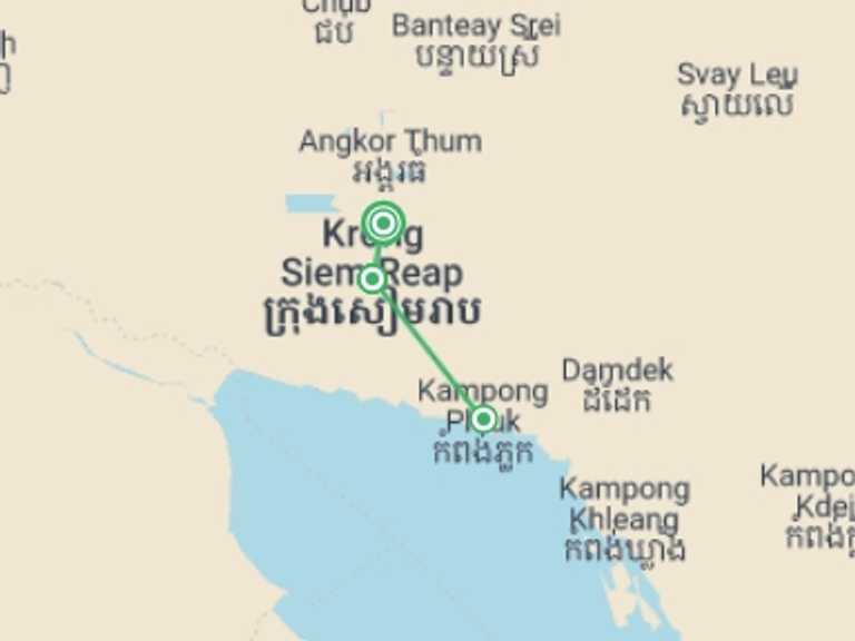 Map of Cambodia Tour with 2 destination visits for the trip: Angkor Experience