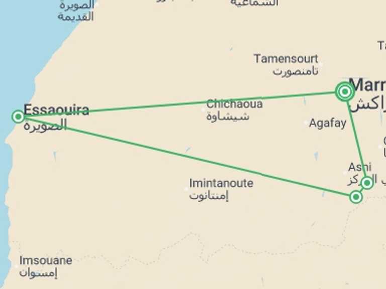 Map itinerary of Morocco Tour in August 2026 with 4 destination visits for the trip: Premium Hiking and Trekking in Morocco