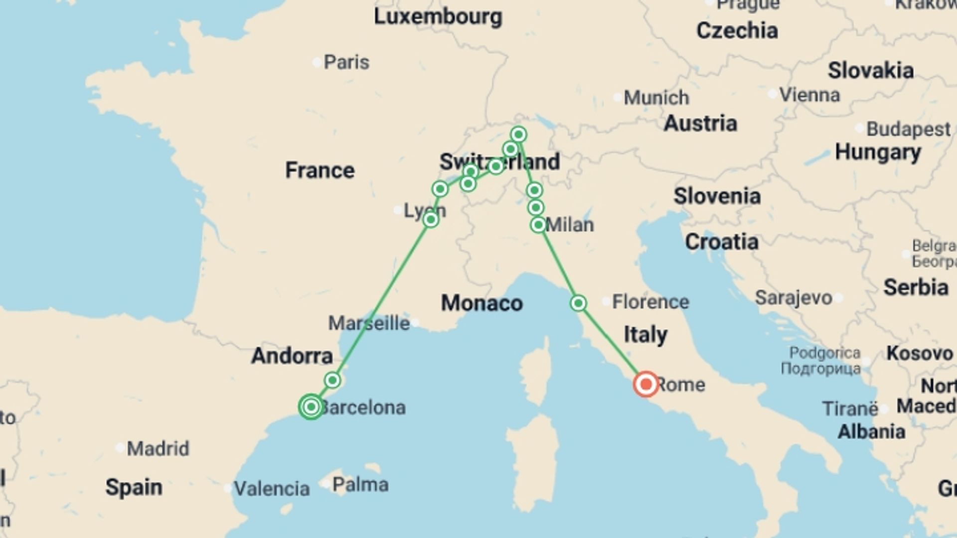 A map showing the tour itinerary for the trip: Spain, Switzerland and Rome, starting in Barcelona, Spain and ending in Rome, Italy going through 5 other destinations.