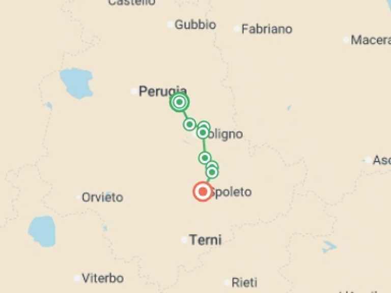 Map itinerary of Europe Tour in September 2026 with 6 destination visits for the trip: St Francis Way: Assisi to Spoleto