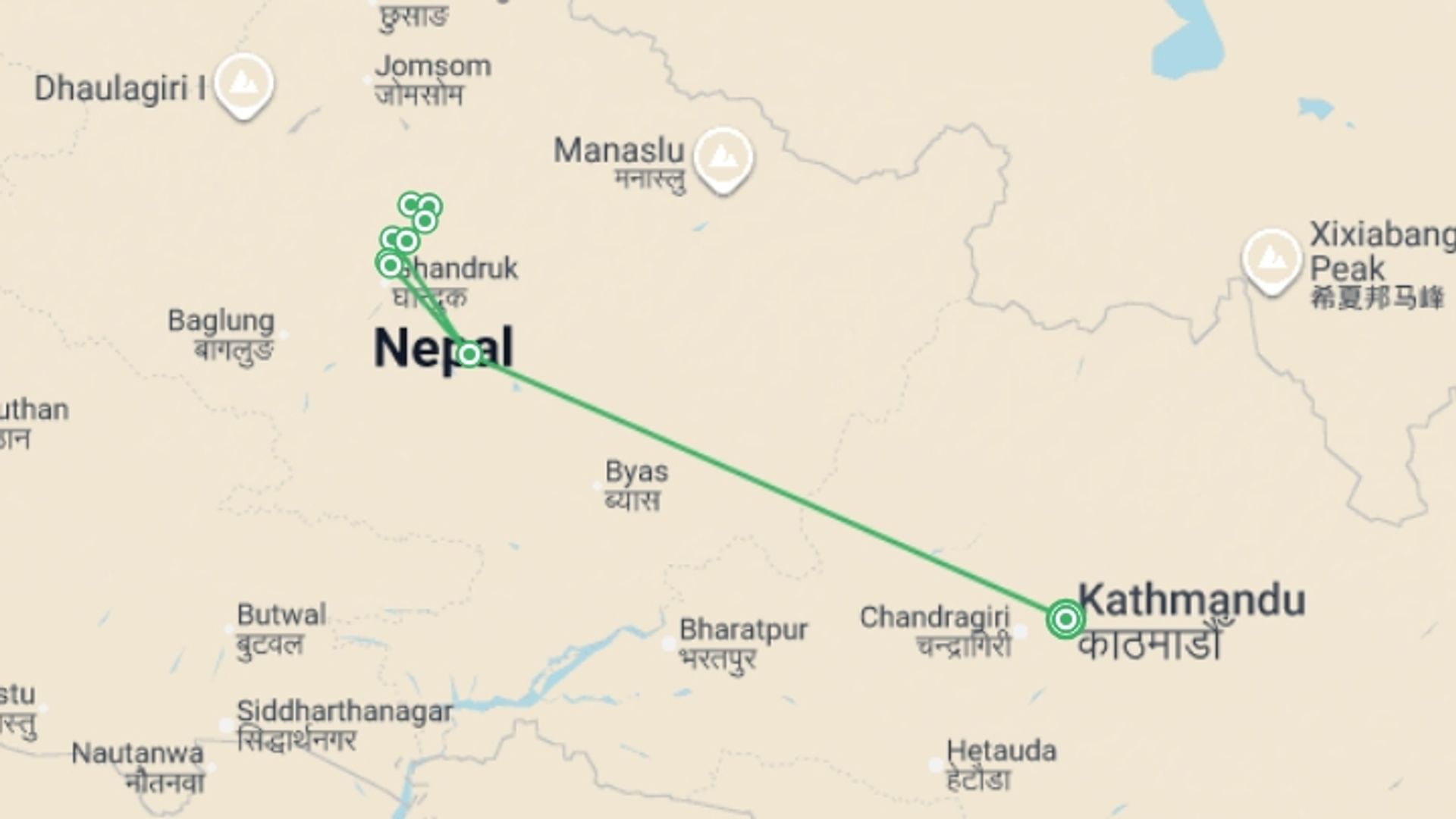 A map showing the tour itinerary for the trip: Annapurna Sanctuary Trek, starting in Kathmandu, Nepal and ending in Kathmandu, Nepal going through 8 other destinations.