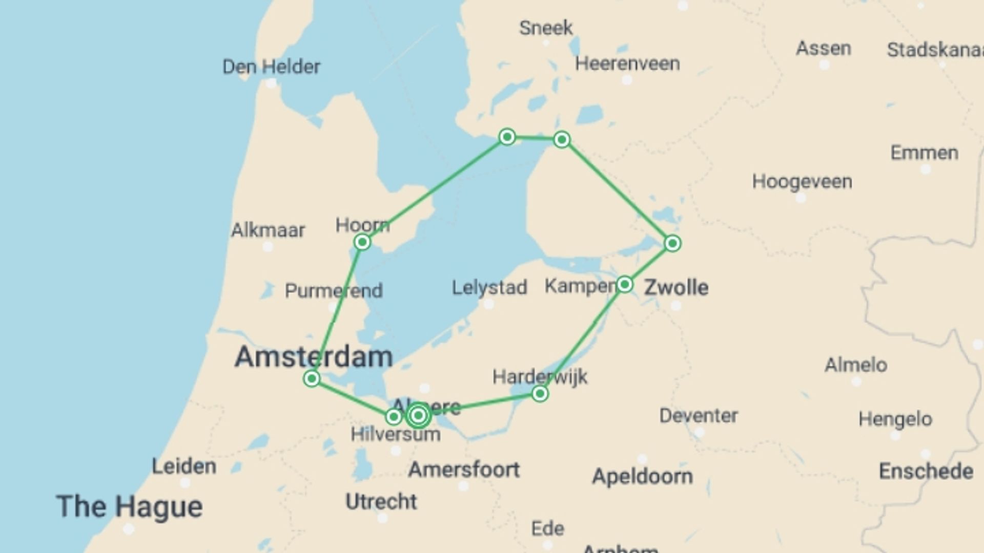 A map showing the tour itinerary for the trip: Amsterdam and Lake IJssel Cycle, starting in Huizen, Holland and ending in Huizen, Holland going through 5 other destinations.