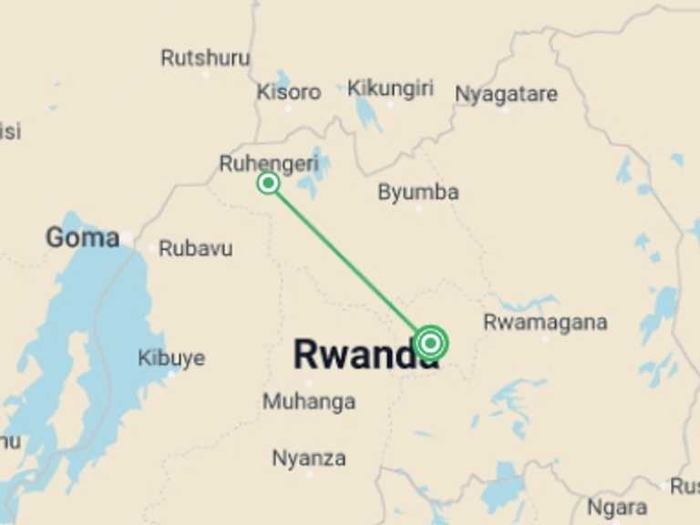 Map itinerary of Kigali Tour in December 2025 with 2 destination visits for the trip: Gorillas Through The Mist - Tiloreza Volcanoes Eco-lodge (on Request)
