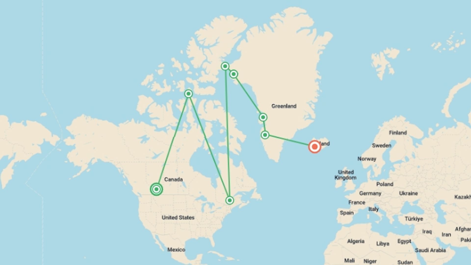 A map showing the tour itinerary for the trip: Northwest Passage: Epic High Arctic (Ocean Explorer), starting in Calgary, Canada and ending in Reykjavik, Iceland going through 6 other destinations.