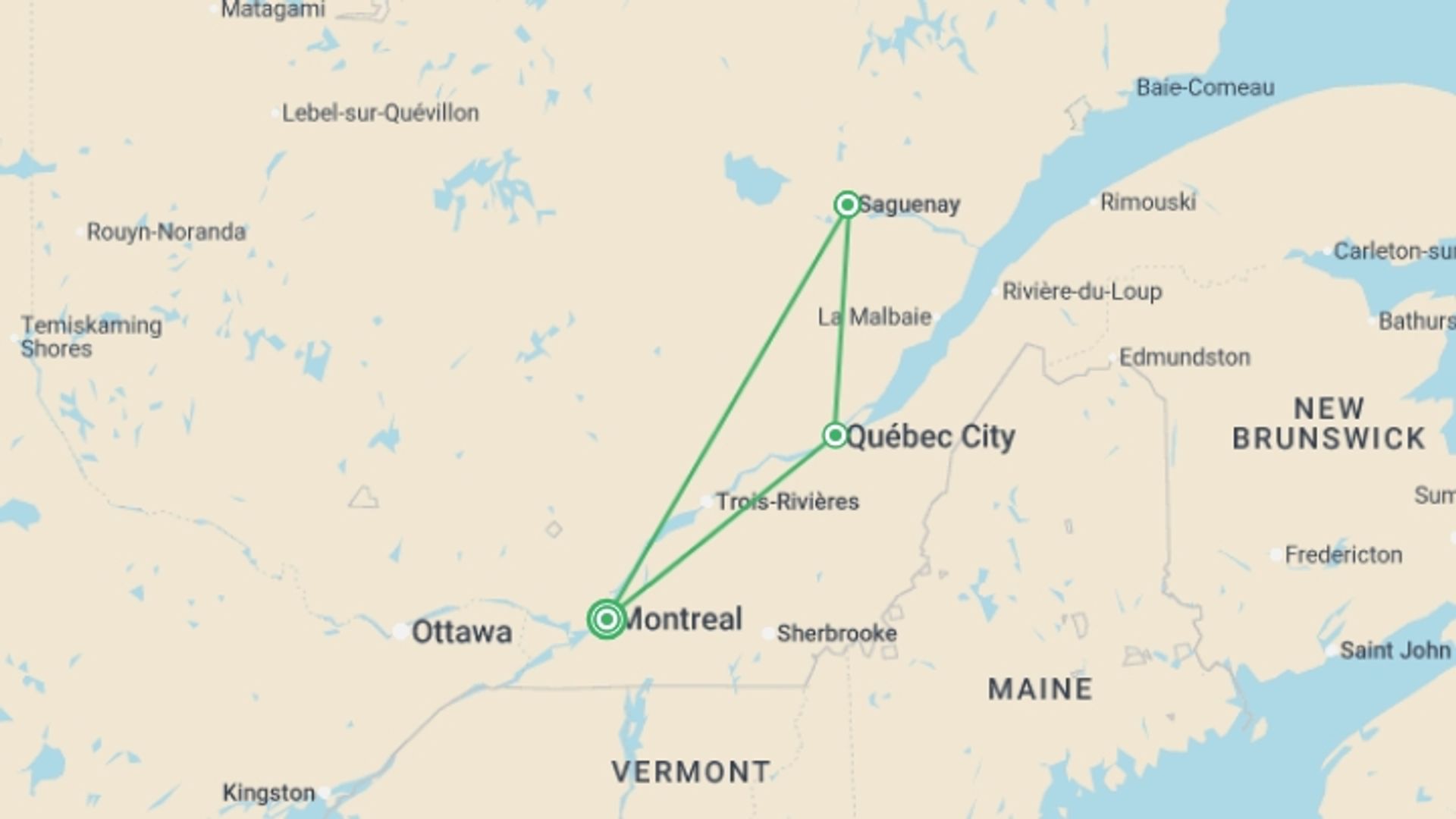 A map showing the tour itinerary for the trip: Northern Quebec: Winter Lodge Escape, starting in Montreal, Canada and ending in Montreal, Canada going through 2 other destinations.