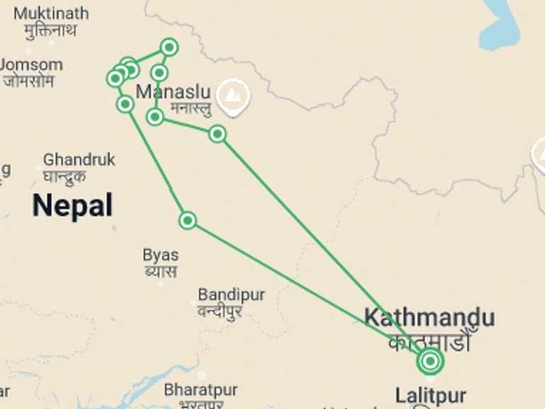 Map of Kathmandu Mountains Tour with 10 destination visits for the trip: Nar Phu Valley Trek