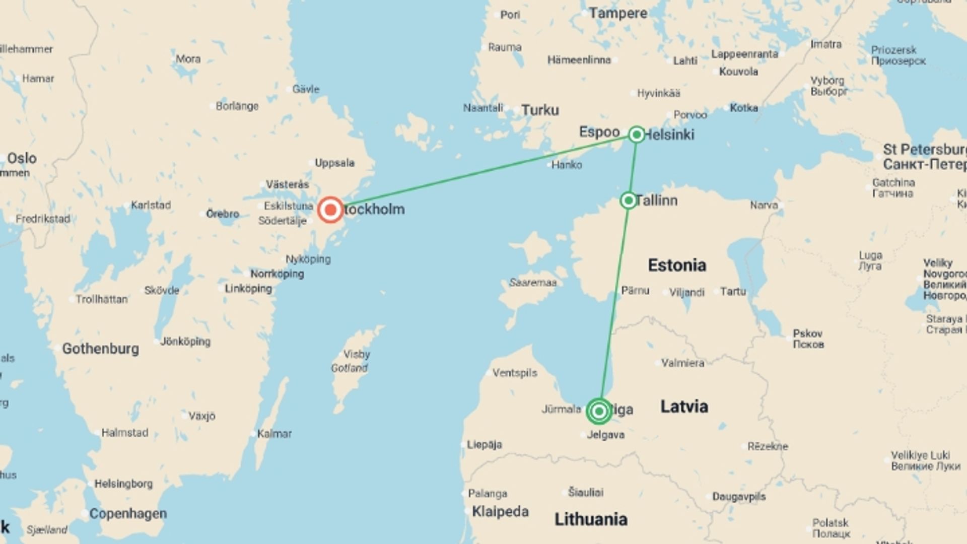 A map showing the tour itinerary for the trip: Baltics to the Nordics - 10 days, starting in Riga, Latvia and ending in Stockholm, Sweden going through 4 other destinations.