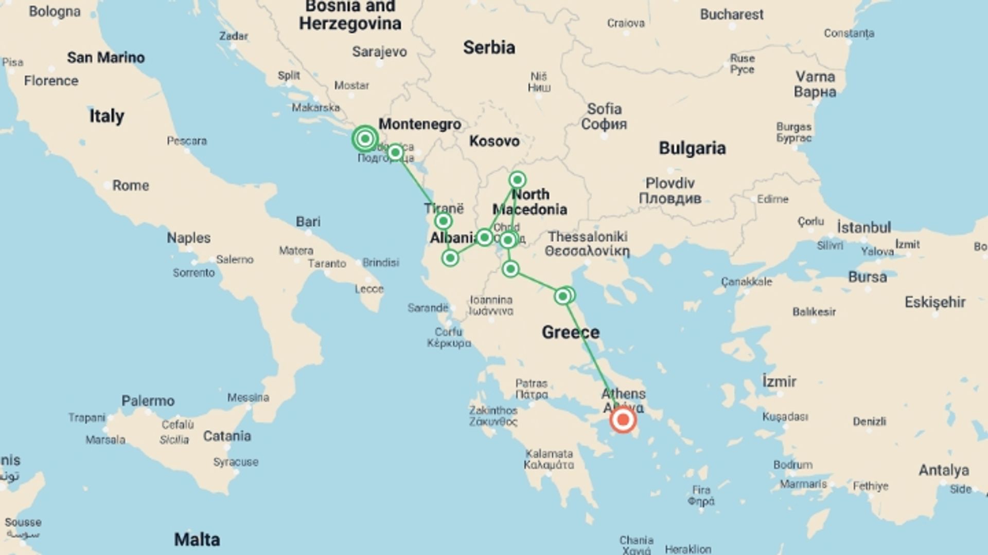 A map showing the tour itinerary for the trip: Dubrovnik to Athens, starting in Dubrovnik, Croatia and ending in Athens, Greece going through 10 other destinations.