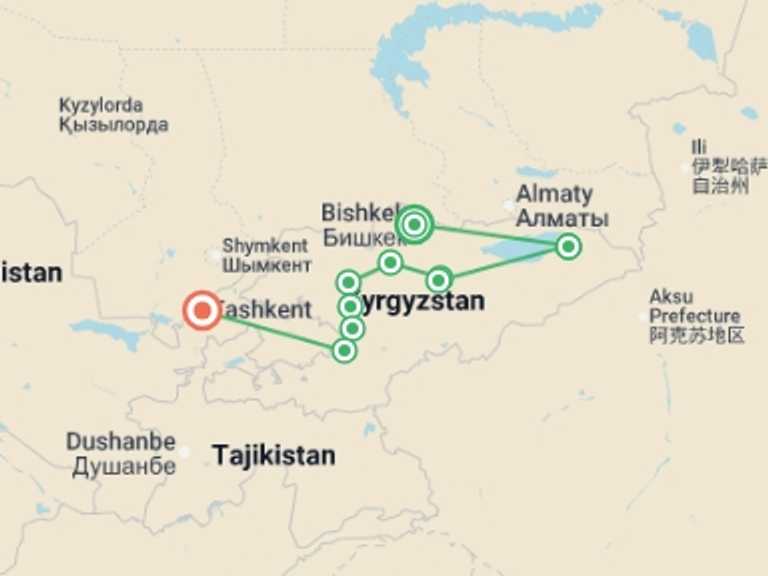 Map of Asia Tour with 11 destination visits for the trip: Kyrgyzstan's Silk Road Journey