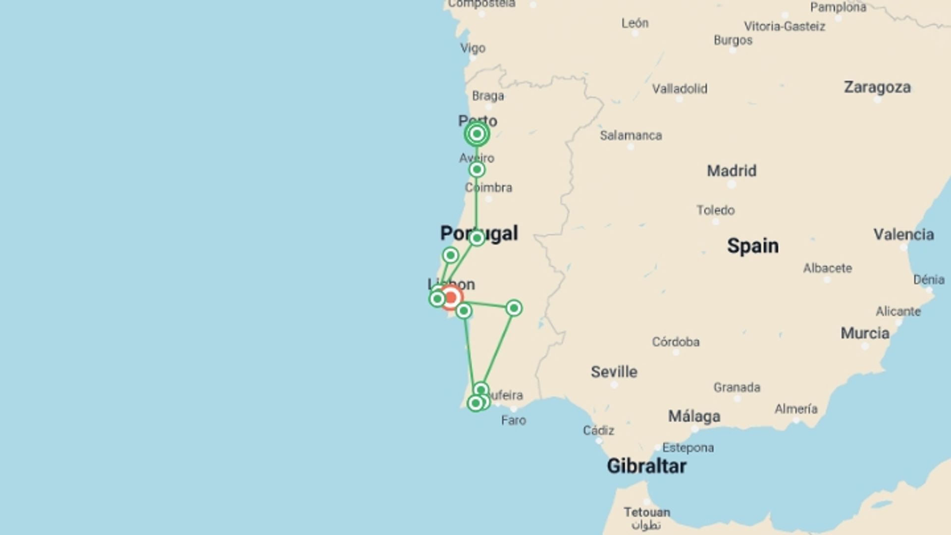 A map showing the tour itinerary for the trip: Sunny Portugal with Porto, starting in Porto, Portugal and ending in Lisbon, Portugal going through 3 other destinations.