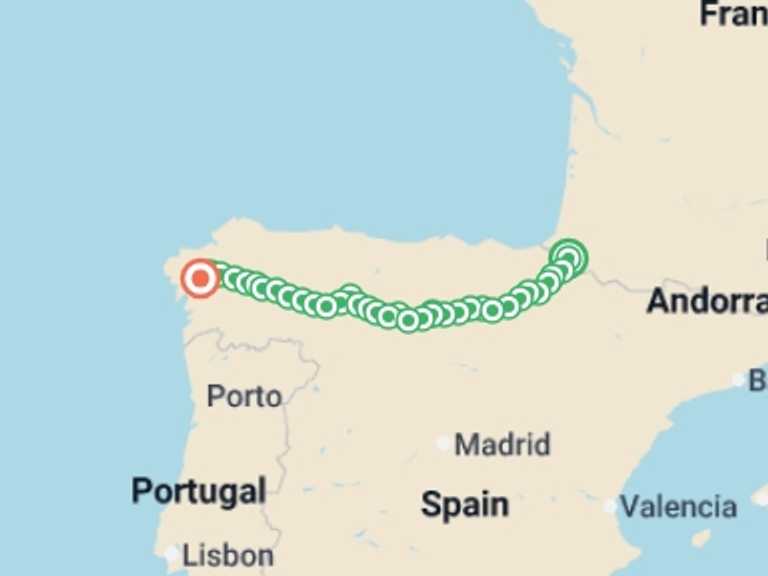 Map of Europe Tour with 35 destination visits for the trip: Full Spanish Camino Plus