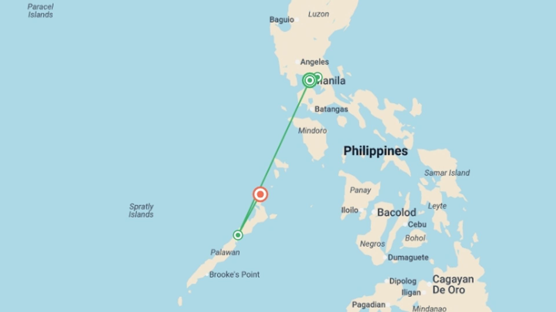 A map showing the tour itinerary for the trip: Manila and Palawan: Jungle Trekking, Local Eats & Epic Beaches, starting in Manila, Philippines and ending in El Nido, Philippines going through 2 other destinations.
