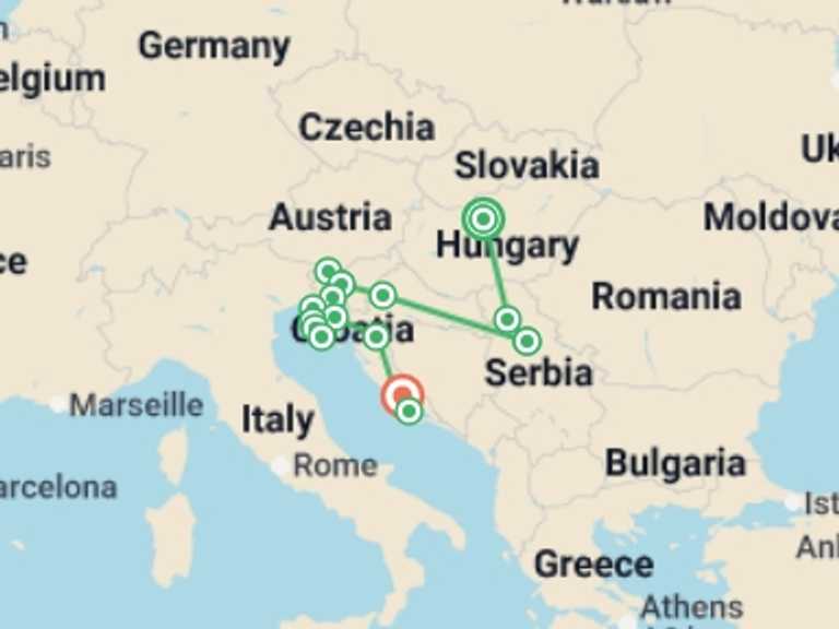 Map itinerary of Budapest Tour in July 2026 with 7 destination visits for the trip: Budapest, Belgrade & Bled to Split Superior - 13 days