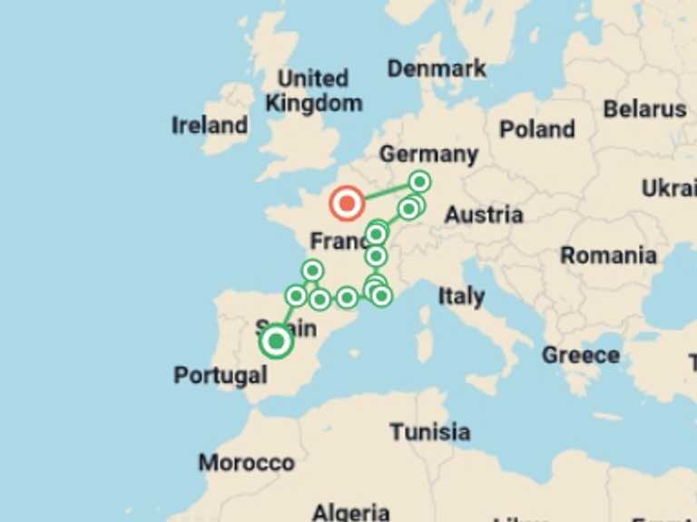 Map itinerary of Strasbourg Tour in October 2025 with 10 destination visits for the trip: Spain, Burgundy, Alsace and Black Forest