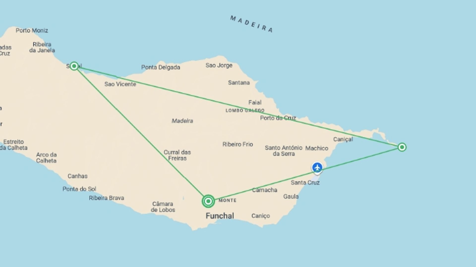 A map showing the tour itinerary for the trip: Family Madeira Adventure, starting in Funchal, Portugal and ending in Funchal, Portugal going through 2 other destinations.