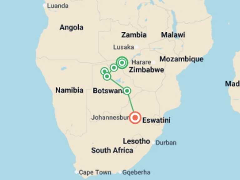 Map of 9-Day Africa Tour with 7 destination visits for the trip: Okavango & Beyond