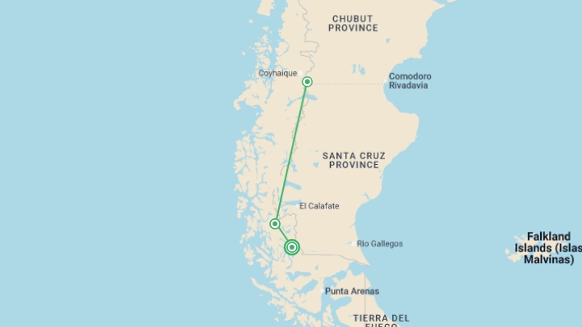 A map showing the tour itinerary for the trip: Patagonia Independent Short Break: Torres Del Paine, starting in Puerto Natales, Chile and ending in Puerto Natales, Chile going through 2 other destinations.