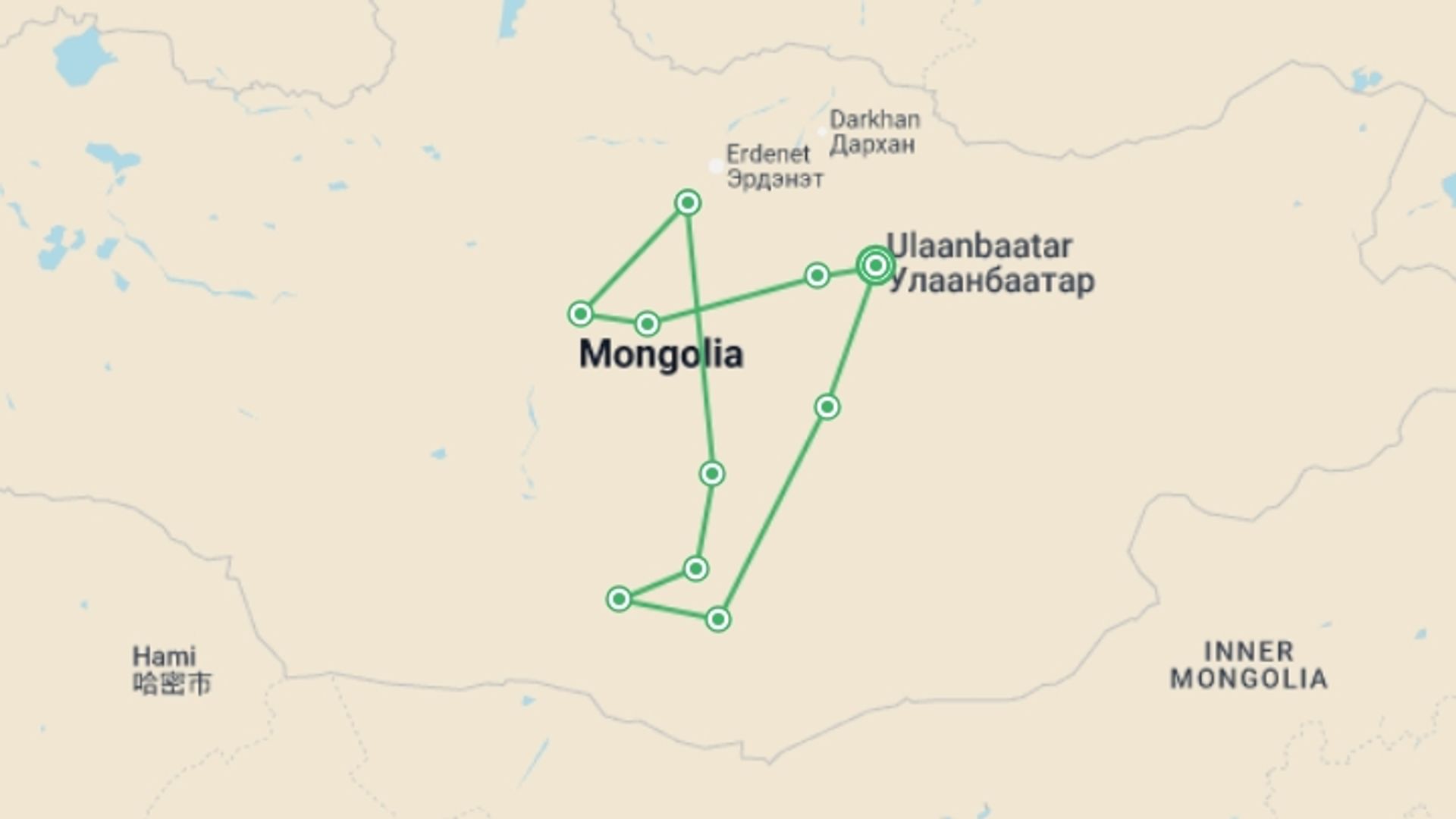 A map showing the tour itinerary for the trip: Journeys: Discover Mongolia, starting in Ulaanbaatar, Mongolia and ending in Ulaanbaatar, Mongolia going through 10 other destinations.