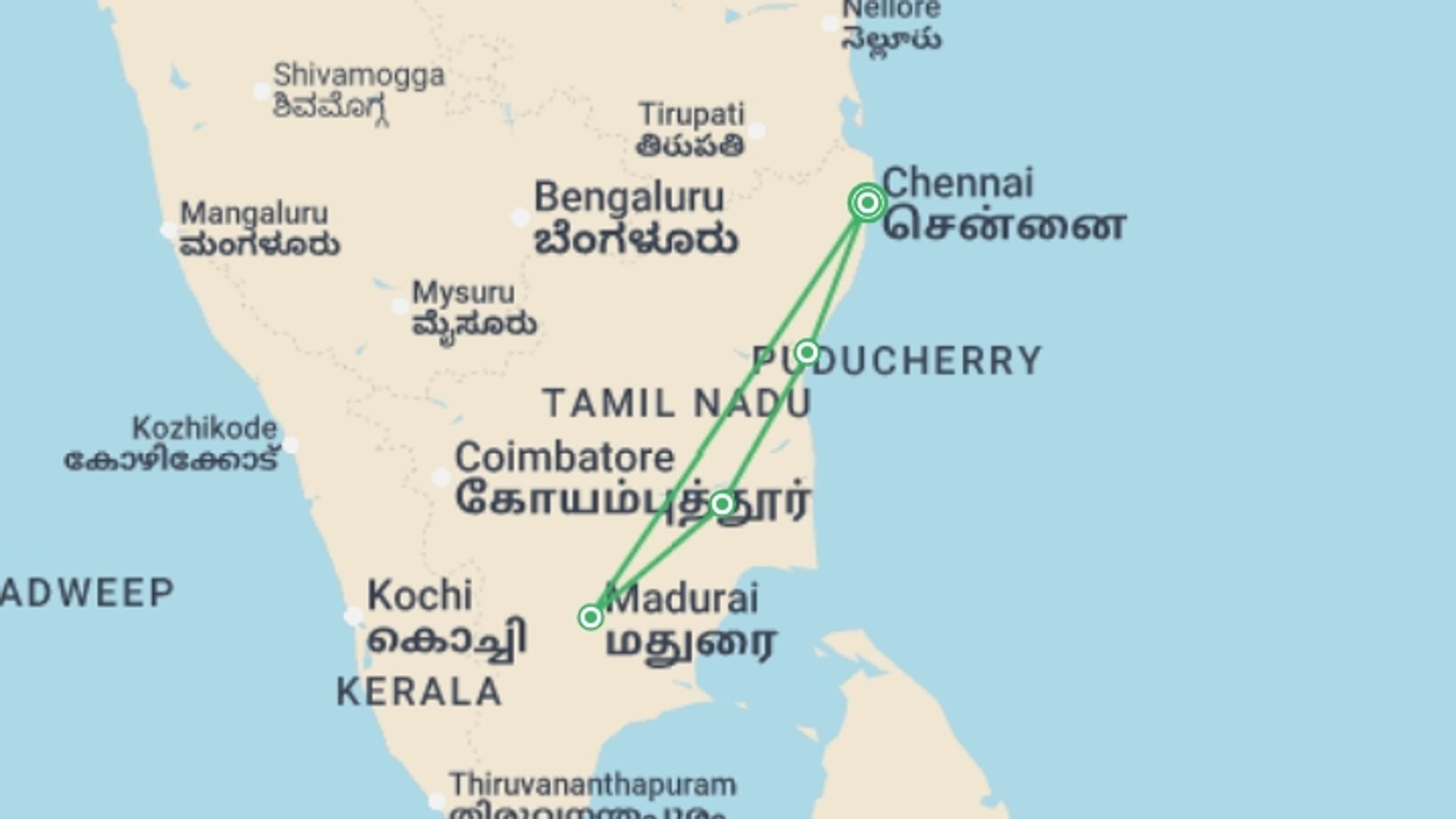 A map showing the tour itinerary for the trip: Temples & Spices, starting in Chennai, India and ending in Chennai, India going through 3 other destinations.