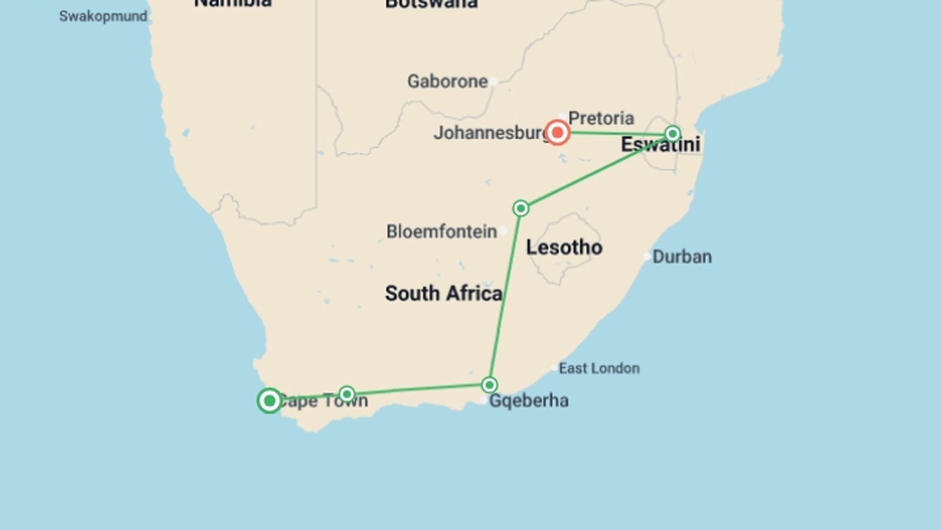 A map showing the tour itinerary for the trip: Cape Town To Johannesburg (17 Days), starting in Cape Town, South Africa and ending in Johannesburg, South Africa going through 5 other destinations.