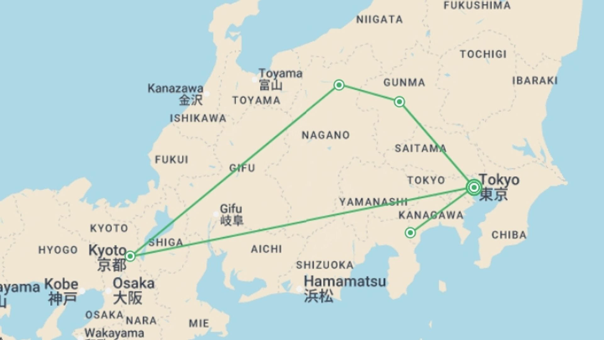 A map showing the tour itinerary for the trip: Tokyo, Kyoto, Alps and Fuji, starting in Tokyo, Japan and ending in Tokyo, Japan going through 4 other destinations.